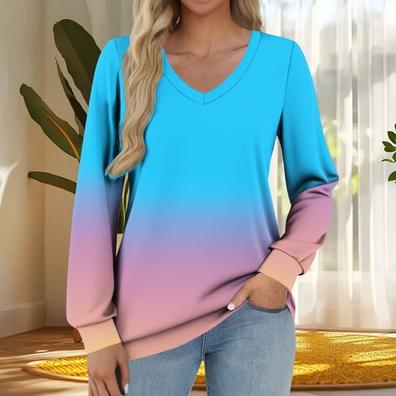 ITSAME Womens Fall Shirts with Long Sleeve, Loose Fit V Neck Fashion Gradient Casual Pullover Tops Sky Blue L