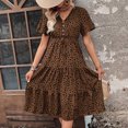 thumbnail image 1 of ITSAME Womens Flare Dress, Short Sleeve Leopard Buttons V Neck Drawstring Waist Pleated Flowing Dress Coffee S, 1 of 3