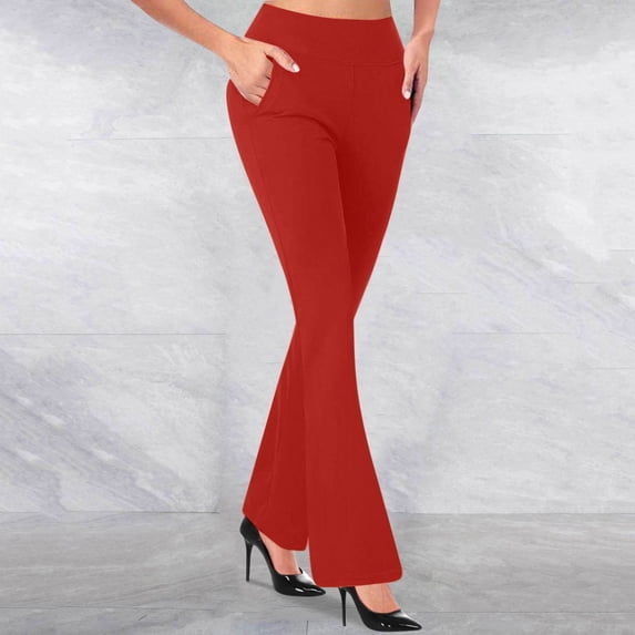 ITSAME Womens Flare Leg Pants, Slim Fit High Waisted Pull-On Casual Business Trousers Red XL