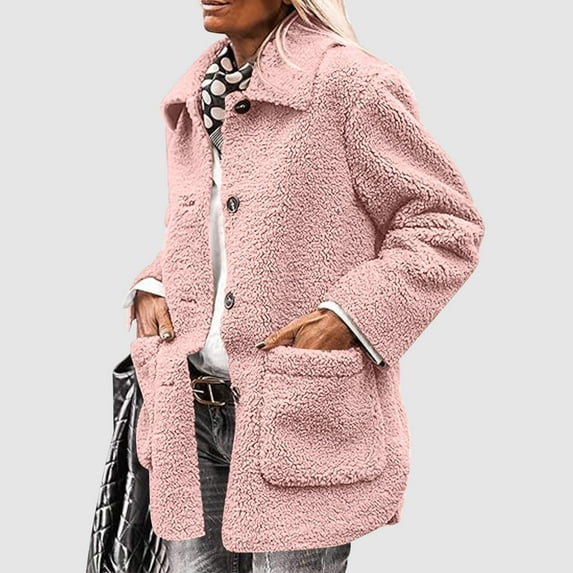 ITSAME Womens Fleece Jackets, Winter Warm Solid Lapel Plush Cozy Casual Trendy Coat Pink S