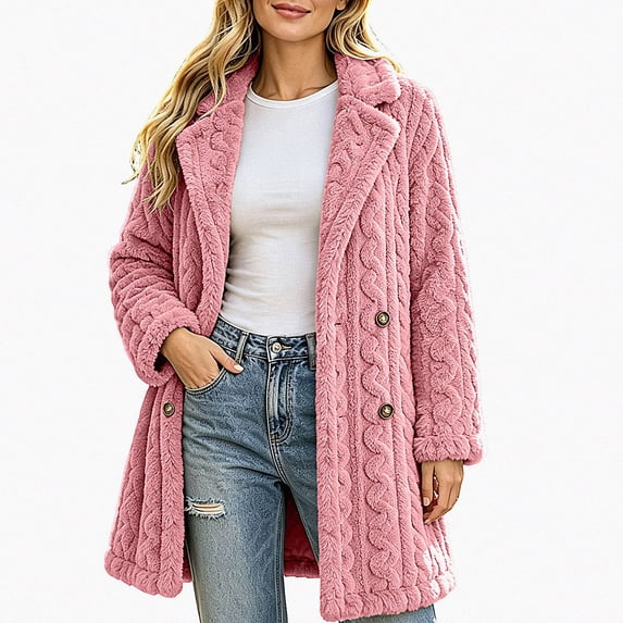 ITSAME Womens Fleece Mid Length Coat Notched Lapel Button Front Warm Winter Outerwear Jacket Pink Size 2XL