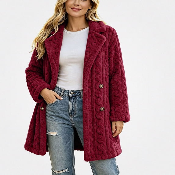 ITSAME Womens Fleece Mid Length Coat Notched Lapel Button Front Warm Winter Outerwear Jacket Red Size L