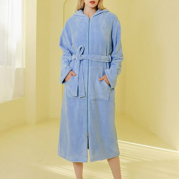 ITSAME Womens Fleece Robes, Comfy Keep Warm Solid Color Hooded Bathrobe Blue XL