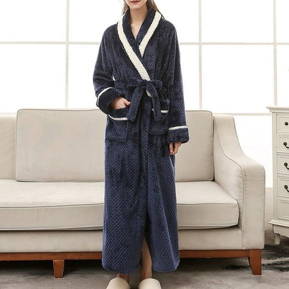 ITSAME Womens Fleece Robes, Lengthening Keep Warm Solid Color Ladies Bathrobe Homewear Navy 3XL