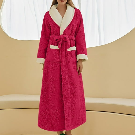 ITSAME Womens Fleece Robes, Solid Color Keep Warm Lengthening Ladies Bathrobe Homewear Hot Pink 3XL