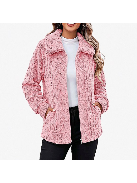 Womens Fleece Zip Up Jacket Cable Knit Textured Lapel Long Sleeve Casual Coat with Pockets Pink Size 2XL