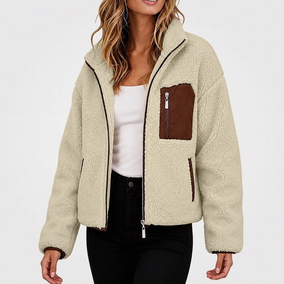 ITSAME Womens Fleece Zip Up Jacket Stand Collar Long Sleeve Fall Winter Warm Comfy Coat with Pockets Beige Size S