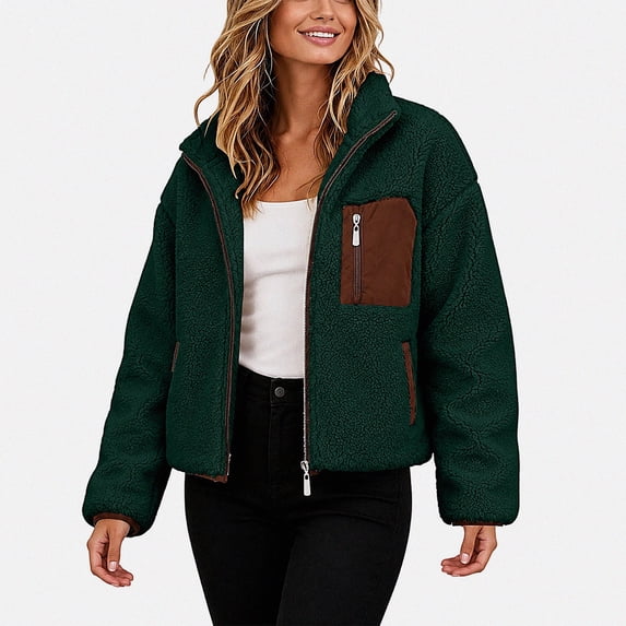 ITSAME Womens Fleece Zip Up Jacket Stand Collar Long Sleeve Fall Winter Warm Comfy Coat with Pockets Green Size S