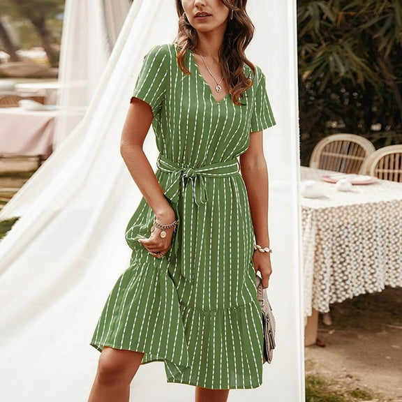 ITSAME Womens Flowy Dress, V Neck Striped Short Sleeve Summer Casual Elegant Dress Green S
