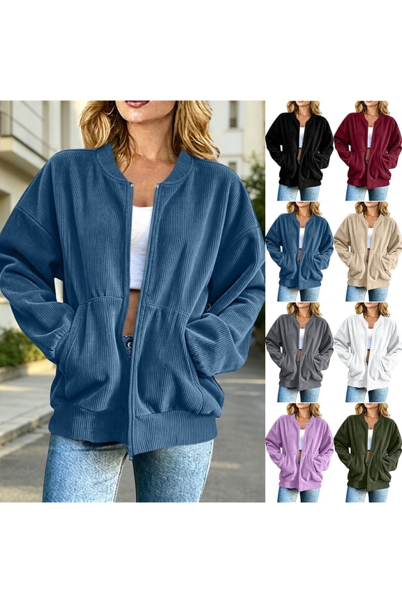 Womens Full Zip Basic Jacket Loose Fit Long Sleeve Ribbed Tops Fashion Casual Coat with Pockets Khaki Size L