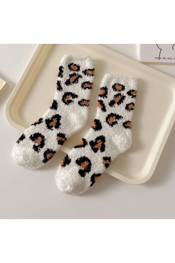 Womens Fuzzy Socks, Leopard Mid-Length Thickened Warm Comfy Home Socks White Free Size