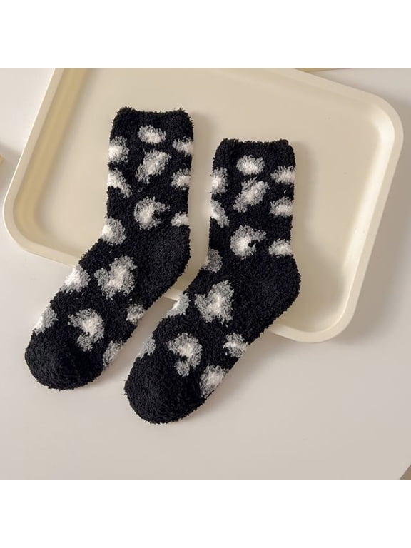 Womens Fuzzy Socks, Mid-Length Thickened Warm Leopard Comfy Home Socks Black Free Size