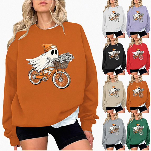 ITSAME Womens Halloween Print Sweatshirt Crewneck Long Sleeve Loose Fit Ladies Fashion Pullover Top Size L
