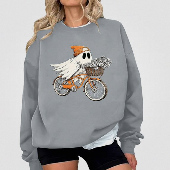 ITSAME Womens Halloween Print Sweatshirt Crewneck Long Sleeve Loose Fit Ladies Fashion Pullover Top Size XL