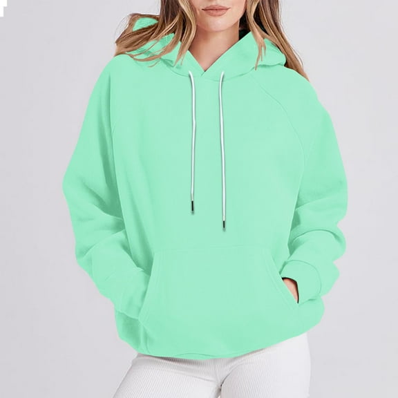 ITSAME Womens Hoodie, Fashion Solid Color with Pocket Loose Fit Pullover Hooded Sweatshirt Mint Green M