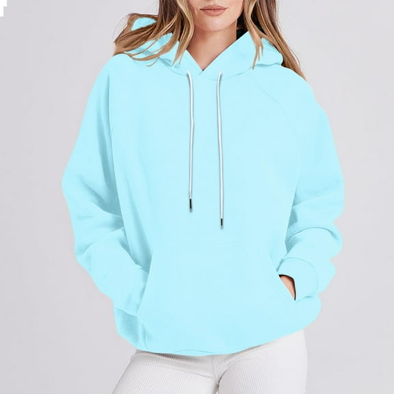 ITSAME Womens Hoodie, with Pocket Loose Fit Fashion Solid Color Pullover Hooded Sweatshirt Light Blue M