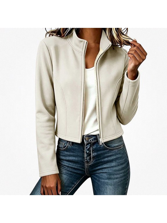 Womens Lightweight Padded Jacket Stand Collar Zip Up Slim Fit Casual Athletic Coat White Size M