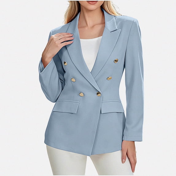 ITSAME Womens Lined Double Breasted Blazer Notched Lapel Long Sleeve Casual Suit Jacket with Pockets Light Blue Size XL