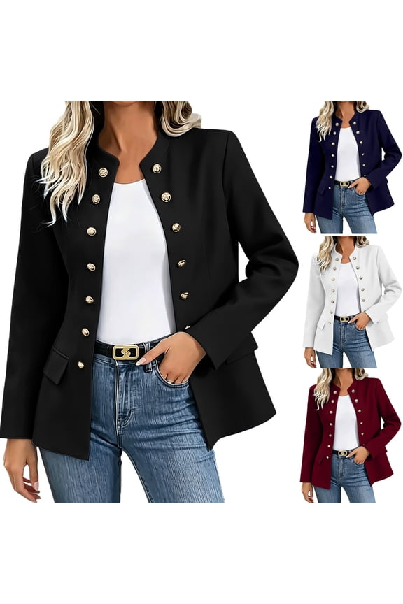 Womens Long Sleeve Blazer Stand-Up Collar Double-Breasted Winter Work Office Suit Jacket Black Size XL