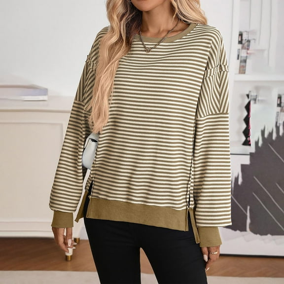 ITSAME Womens Long Sleeve Blouse, Crew Neck Loose Fit Striped Casual Pullover Sweatshirt Tops Khaki 2XL