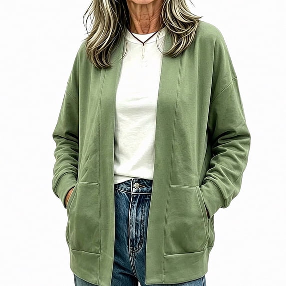 ITSAME Womens Long Sleeve Cardigan Jacket Lightweight with Pockets Fall Winter Casual Comfy Outerwear Green Size L