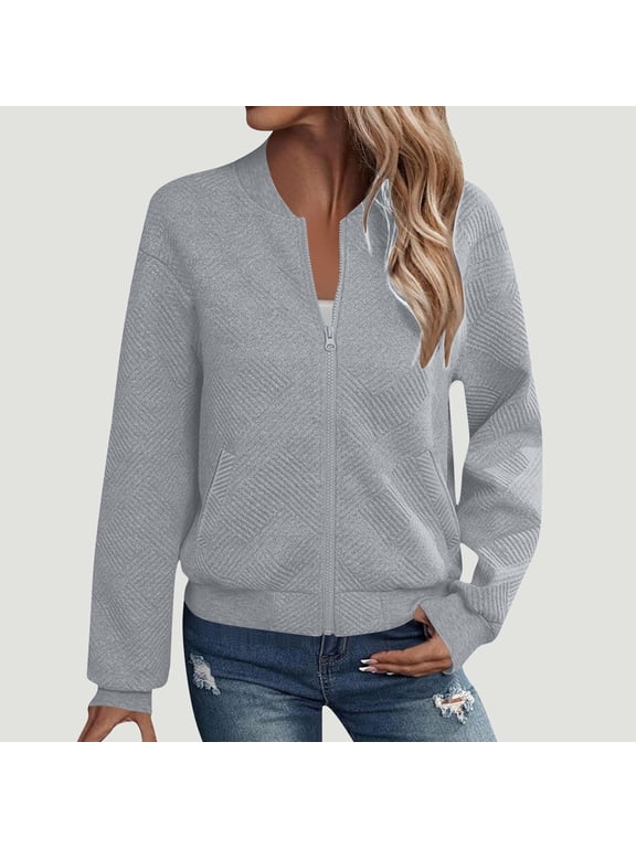 Womens Long Sleeve Jackets, Full Zip with Pockets Classic Fit Spring Fall Fashion Bomber Jackets Gray 2XL