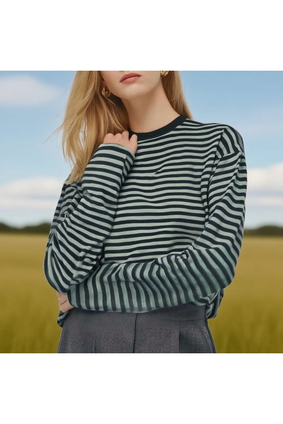 Womens Long Sleeve Tees, Crewneck Striped Loose Fit Pullover Casual T Shirts Army Green XS