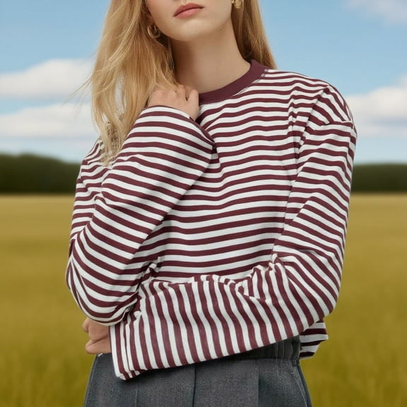 ITSAME Womens Long Sleeve Tees, Loose Fit Crewneck Striped Pullover Casual T Shirts Red S