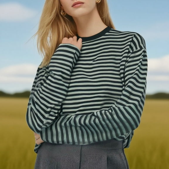 ITSAME Womens Long Sleeve Tees, Loose Fit Striped Crewneck Pullover Casual T Shirts Army Green S