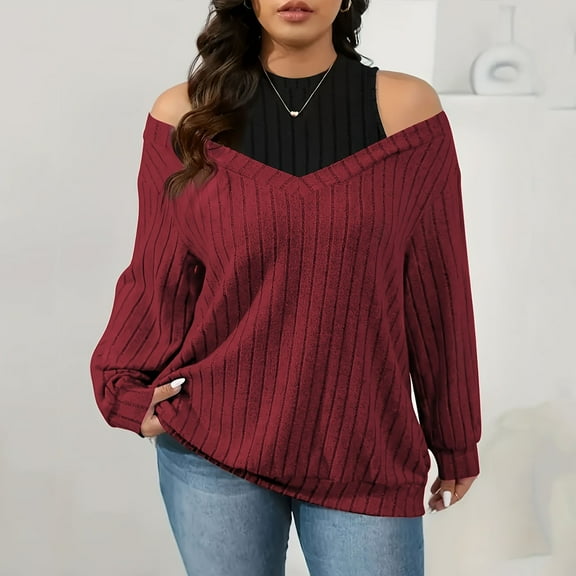 ITSAME Womens Long Sleeve Tops, Plus Size Off-Shoulder Color Block Loose Soft Knitted Blouse Wine 5XL
