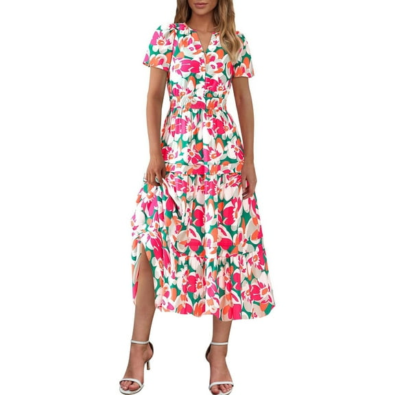ITSAME Womens Maxi Dress, Floral Short Sleeve V Neck Summer Pleated Beach Dress Red S