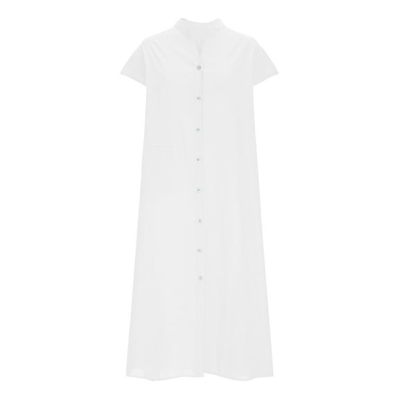 ITSAME Womens Maxi Dress, Loose Casual Short Sleeve Buttons Summer Cotton Linen Dress White 3XL