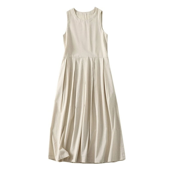 ITSAME Womens Maxi Dress, Sleeveless Cotton Linen Solid Color Summer Casual Sundress White L