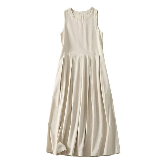 ITSAME Womens Maxi Dress, Sleeveless Solid Color Cotton Linen Summer Casual Sundress White 2XL