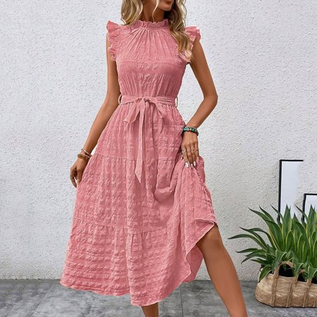 ITSAME Womens Maxi Dress, Sleeveless Solid Color Ruffled Elegant Flowy Dress Pink L