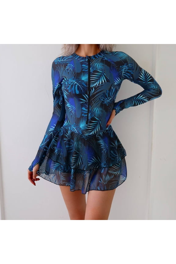 Womens One Piece Bathing Suit Half Zip Skirted Swimwear Beach Surfing Rash Guard Swimsuit Light Blue Size S