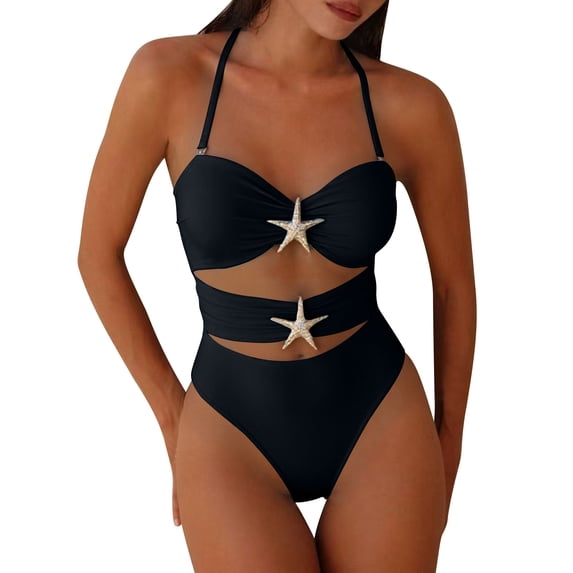 ITSAME Womens One-Piece Bathing Suit Hollow Out Quick-Dry Halter Bikini Swimsuit Beach Vacation Swimwear Black Size L