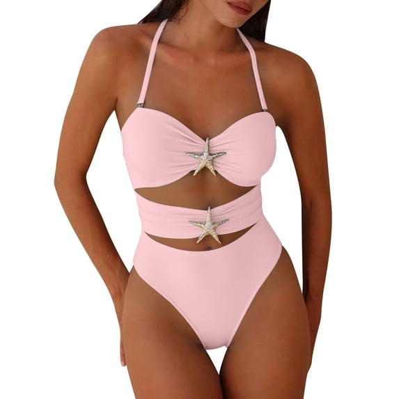 ITSAME Womens One-Piece Bathing Suit Hollow Out Quick-Dry Halter Bikini Swimsuit Beach Vacation Swimwear Pink Size L