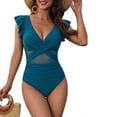 thumbnail image 1 of ITSAME Womens One-Piece Bathing Suit with Chest Pad Deep V-Neck Fashion Ruffled Beach Swimsuit Dark Blue Size L, 1 of 4