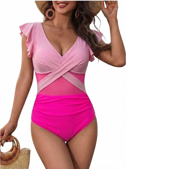 ITSAME Womens One-Piece Bathing Suit with Chest Pad Deep V-Neck Fashion Ruffled Beach Swimsuit Pink Size S