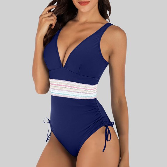 ITSAME Womens One-Piece Swimsuit Deep V-Neck Tummy Control Side Ties Vacation Beach Bathing Suit Navy Size S