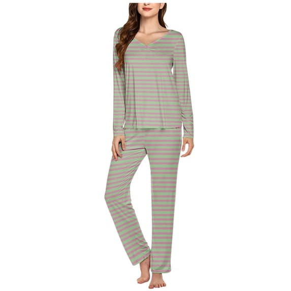 ITSAME Womens Pajama 2-Piece Sets, V Neck Long Sleeve Tops Casual Pants Striped Comfy Loungewear Gray M