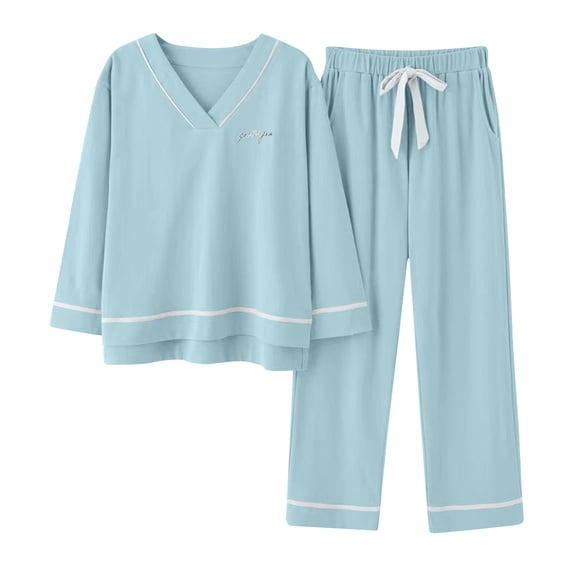 ITSAME Womens Pajama Sets, Long Sleeve Tops Trousers Plus Size Solid Color Casual Loungewear 2-Piece Sky Blue XL