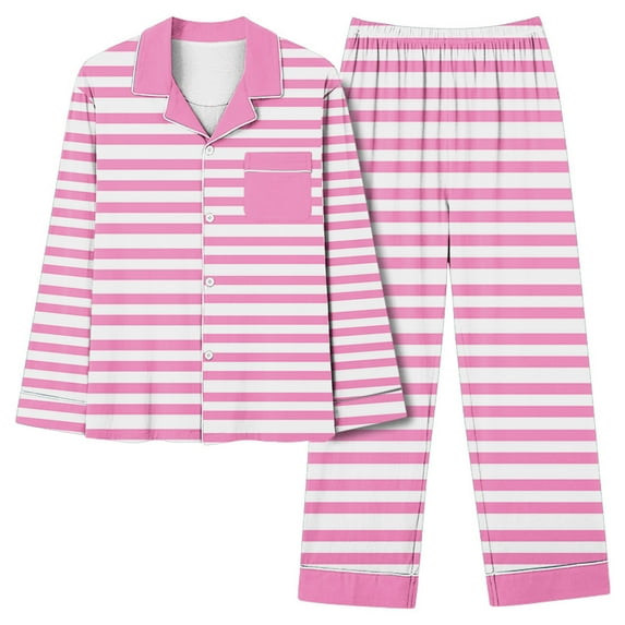 ITSAME Womens Pajama Sets, Notch Collar Tops Elastic Waist Pants Casual Striped Home Clothes 2-Piece Pink 2XL