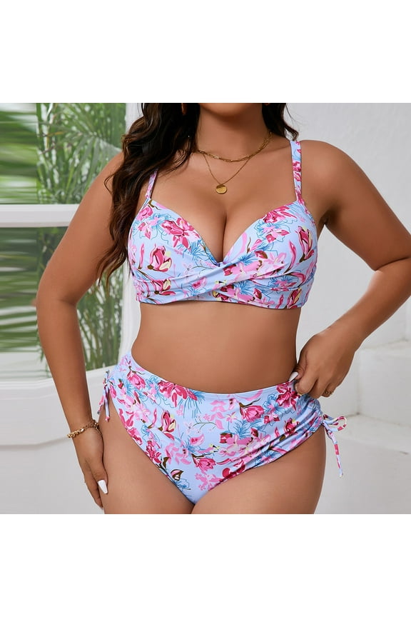 Womens Plus Size Bikini Swimsuit, V Neck Floral Prints Drawstring High Waist Bottoms Sexy Bathing Suit 2-Piece Pink 5XL