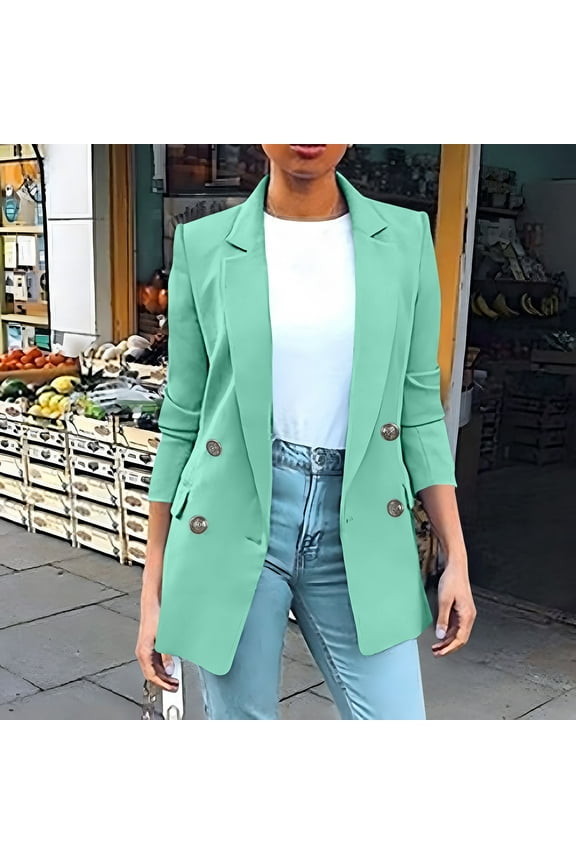 Womens Plus Size Blazer, Long Sleeve Solid Color Double Breasted Lapel Fitted Slim Suit Jacket Green M