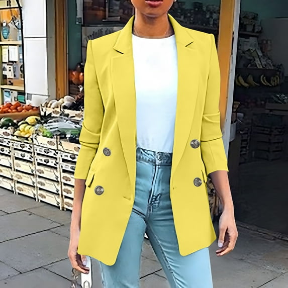 ITSAME Womens Plus Size Blazer, Double Breasted Long Sleeve Solid Color Lapel Fitted Slim Suit Jacket Yellow M