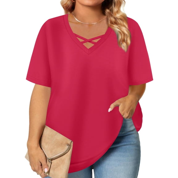ITSAME Womens Plus Size Blouse, Criss Cross V Neck Solid Color Short Sleeve Summer Causal Loose T-Shirt Hot Pink 2XL