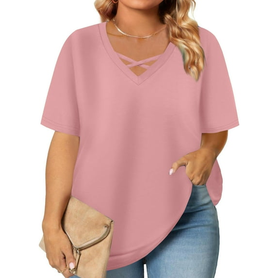 ITSAME Womens Plus Size Blouse, Criss Cross V Neck Solid Color Short Sleeve Summer Causal Loose T-Shirt Pink 2XL