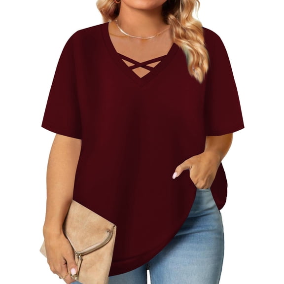 ITSAME Womens Plus Size Blouse, Criss Cross V Neck Solid Color Short Sleeve Summer Causal Loose T-Shirt Wine 4XL
